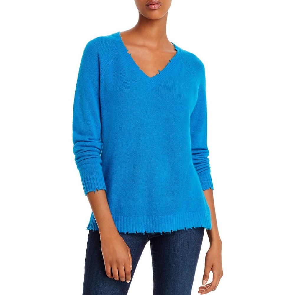 Minnie Rose Distressed V-Neck Cashmere Sweater S